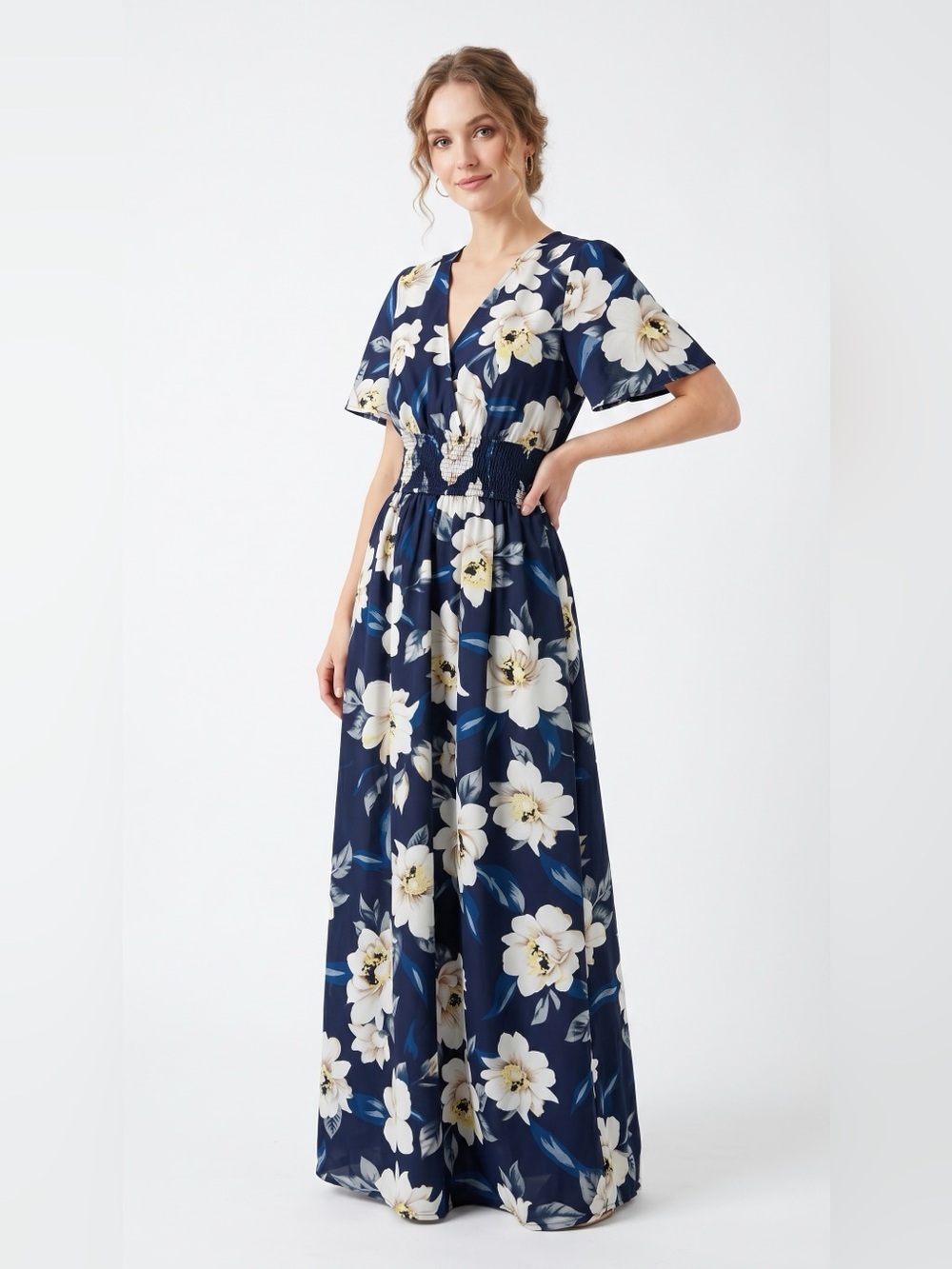 Navy Floral V-Neck Maxi Dress - Picture 2 of 3